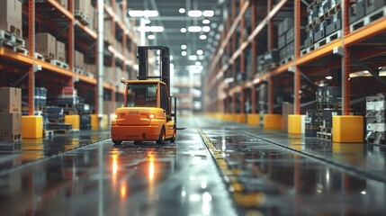 Forklift doing storage in warehouse by artificial intelligence automation.