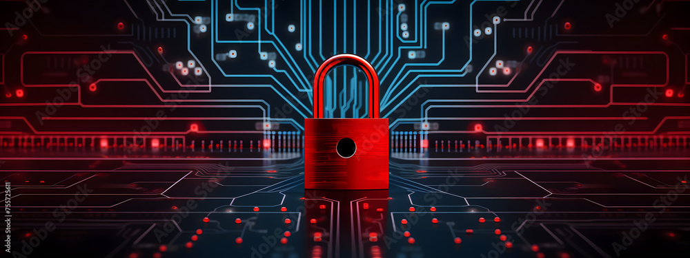 Poster lock icon on circuit board, cyber security concept banner design background