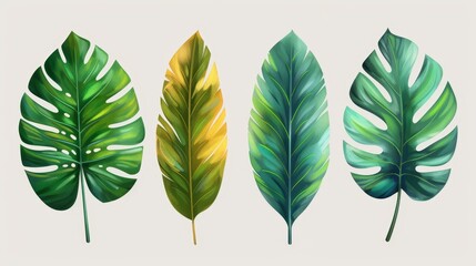 Obraz premium Four different colored tropical leaves