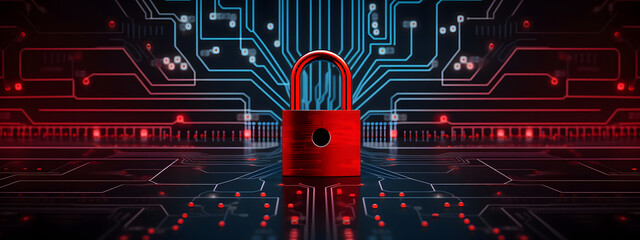 lock icon on circuit board, cyber security concept banner design background
