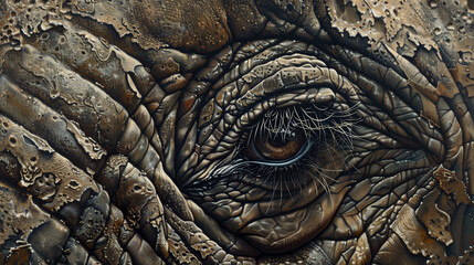 
An extreme close-up reveals the intricate details and textures around an elephant's eye, accentuating the depth and emotion in its gaze. - obrazy, fototapety, plakaty