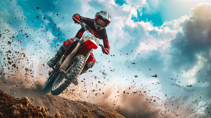 Intense scene of a motocross rider drifting on a dirt track, kicking up dust against a dramatic sky.. - obrazy, fototapety, plakaty