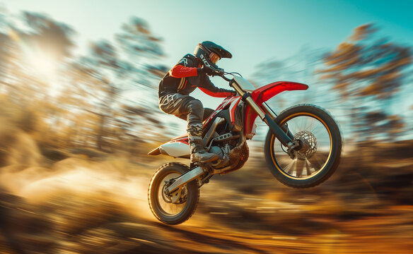 Motorcross athlete performing a wheelie on a dirt bike, with sun rays piercing through the blurred forest backdrop..