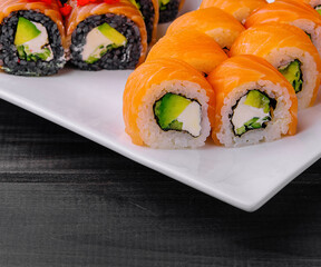 varios Philadelphia sushi rolls with salmon on a plate