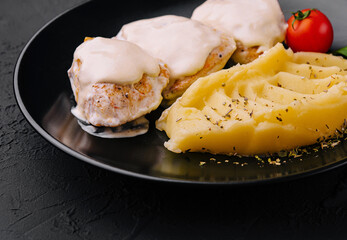 Healthy and filling dinner with grilled chicken breast, mashed potatoes
