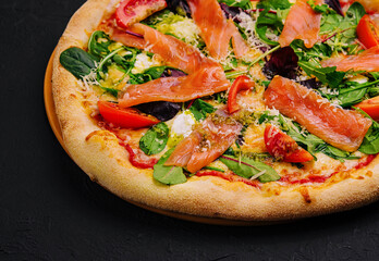 Pizza with Mozzarella, Salmon Slice on black