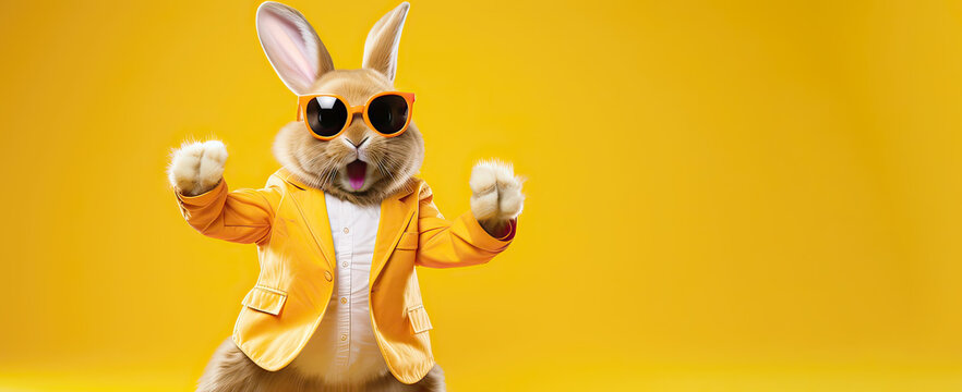A happy easter day with comic cartoon happy hipster bunny rabbit
