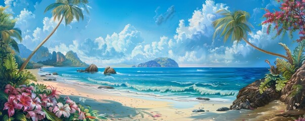 Panoramic view of a tropical beach with palm trees, blooming flowers, and distant mountains.