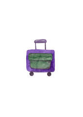 Purple suitcase with green pocket. Luggage bag on wheels. Isolated watercolor illustration
