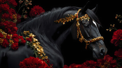 Black horse with golden patterns among red flowers. Beautiful photo portrait, animals and nature