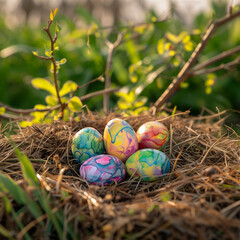 Fototapeta na wymiar Colorful tie dyed easter eggs in a hay nest. Spring greenery background. Copy space, close up, top view.