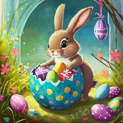 Easter Bunny finding presents inside the Easter Egg
