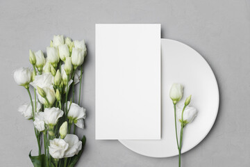 Wedding menu card mockup with white eustoma flowers, blank card mock up with copy space