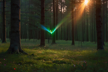 Green forest meadow with colorful heart radiating light beams, magic lights - Valentine's Day. Romantic and enchanting imagery.