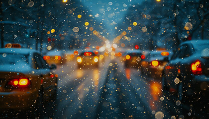 Rainy day with traffic jam bokeh lights. dense traffic on a rainy day blurred background Heavy rain fall in the winter - obrazy, fototapety, plakaty