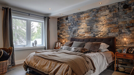 Imagine a bedroom featuring a statement wall with fake painted artificial stone, adding depth and character to the space.