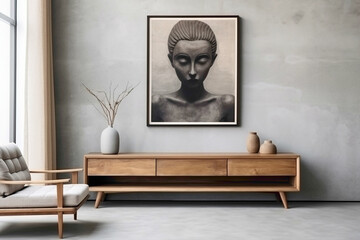 Chic ambiance with wooden furniture and empty poster frame against textured concrete wall in contemporary living room.