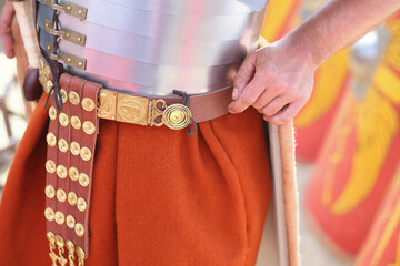  Leather belt with protective plaques at the waist Roman soldier at the festival Times and epoch: Ancient Rome in Kolomenskoye