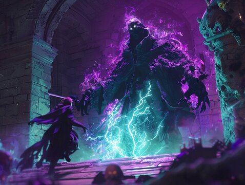 3D render of In the shadowy depths of the digital dungeon the adventurers faced off against a powerful lich