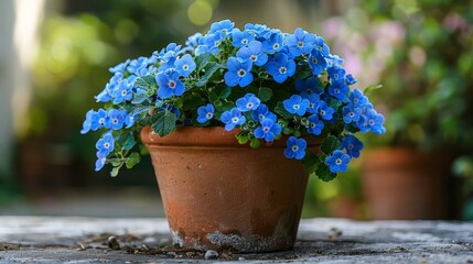 Group of Blue Flowers in a Clay Pot