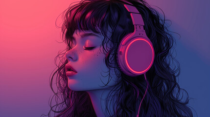 Woman Enjoy Lo-Fi music with headphones in neon room, illustration Enjoy the music	