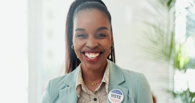 Vote, pin and face of a business woman with badge for election and voting decision with smile. Registration, portrait and campaign assistance or politician with job and government administration