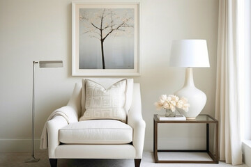 Clean and serene living room ambiance with white frame, armchair, table, lamp.