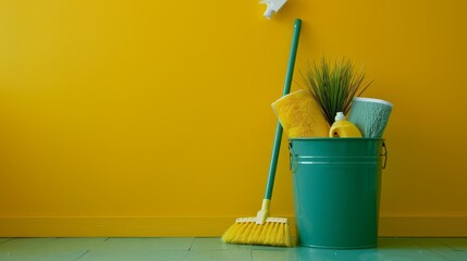 Household cleaning supplies in green bucket - obrazy, fototapety, plakaty