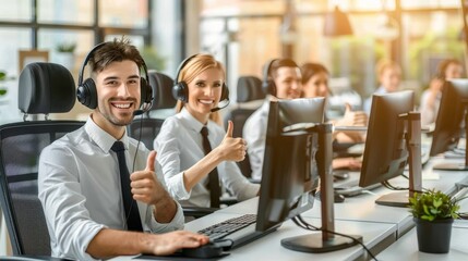 Enthusiastic male support staff giving thumbs up in bright call center with digital screens
