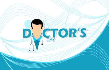 Doctors' Day event banner. Illustration of a doctor with his stethoscope and bold text on white background to celebrate on March 30