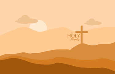 Holy Saturday event banner. A cross over the hills and mountains at sunset to commemorate on March