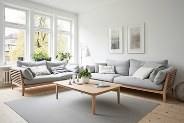 Clean lines of Scandinavian design with sofas and table.