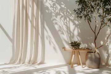 home design ideas mock up creative background white concrete wall with beige curtain hanging on the wall with sun light make shade from shadow frame house beautiful.