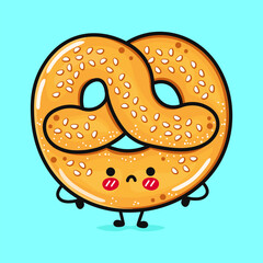 Angry French pretzel character. Vector hand drawn cartoon kawaii character illustration icon. Isolated on blue background. Sad French pretzel character concept