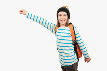 School boy with backpack. Education concept. Back to school. Boy in casual clothes with schoolbag is ready for studing.