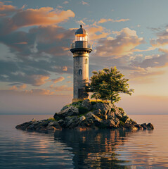 A cute image of a lighthouse standing alone on a small island