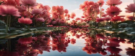 Multiple reflections of Flowers between the mirrors in a sequence of mirrors, spectacle of repeated, sychronized forms. Aesthetic: Delicate and vibrant