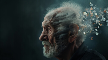 A siks old man suffering from Alzheimer's disease loses memory like puzzle pieces scatter from his consciousness. Problems of Alzheimer's patients, helplessness and loss of mind, mental turmoil	 - obrazy, fototapety, plakaty