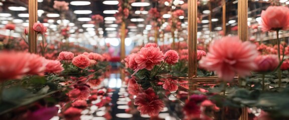 Multiple reflections of Flowers between the mirrors in a sequence of mirrors, spectacle of repeated, sychronized forms. Aesthetic: Delicate and vibrant