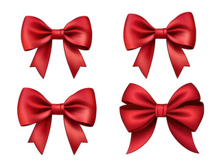 Set of red satin ribbon and bow isolated on transparent background, transparency image, removed background