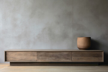 Clean wooden storage set against rough concrete, blank poster frame.
