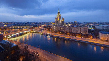 Fototapeta na wymiar High-rise building on Kotelnicheskaya embankment at evening in Moscow