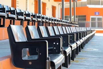 Seats of black tribune on sport stadium. empty outdoor arena. concept of fans. chairs for audience. cultural environment concept. color and symmetry. empty seats. modern stadium