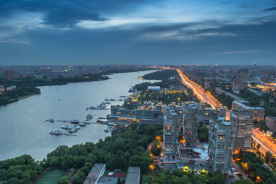 Khimki reservoir, residential district and city road at evening in Moscow, Russia. I have only one version of the photo with sharpening