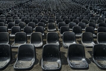 Seats of black tribune on sport stadium. empty outdoor arena. concept of fans. chairs for audience. cultural environment concept. color and symmetry. empty seats. modern stadium