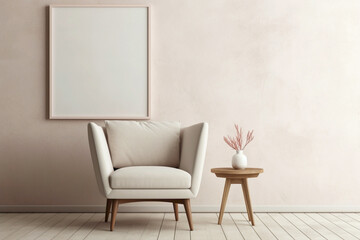 Comfortable beige chair beside a blank frame on a soft wall.