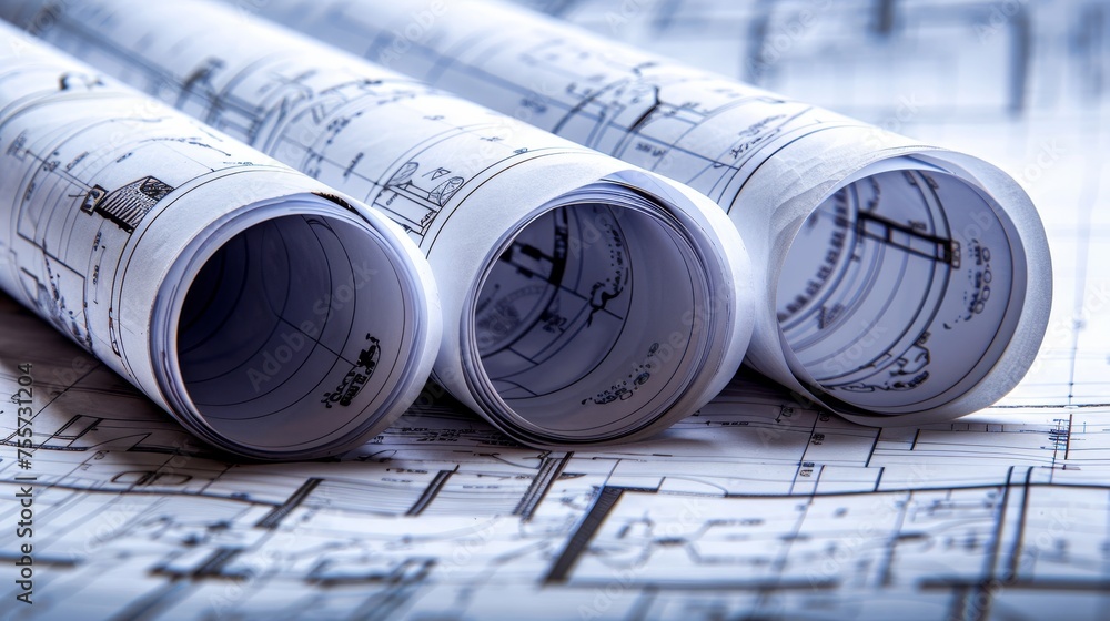 Poster architectural blueprint and technical project drawing on rolled paper for precise planning