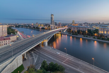 Moskva River and Big Krasnokholmsky bridge at evening in Moscow. Long exposure