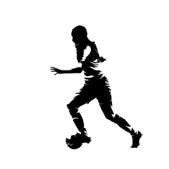 Fototapeta na wymiar Female football player running with ball, woman playing soccer, isolated vector silhouette, side view