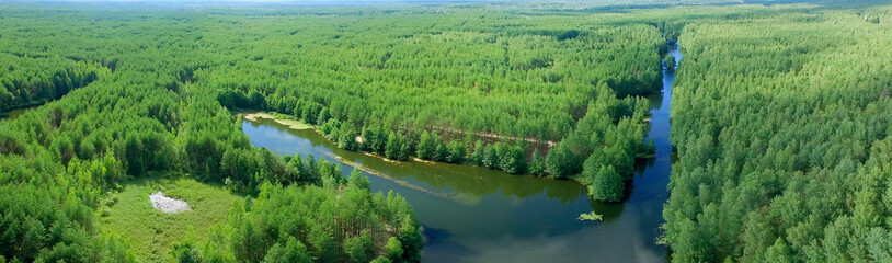 Blue river among plants at summer sunny day. Aerial view